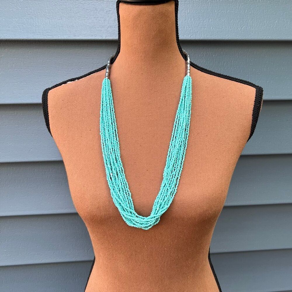 Turquoise Seed Bead Multi Strand Beaded Long Necklace, Silver & Clasp Closure